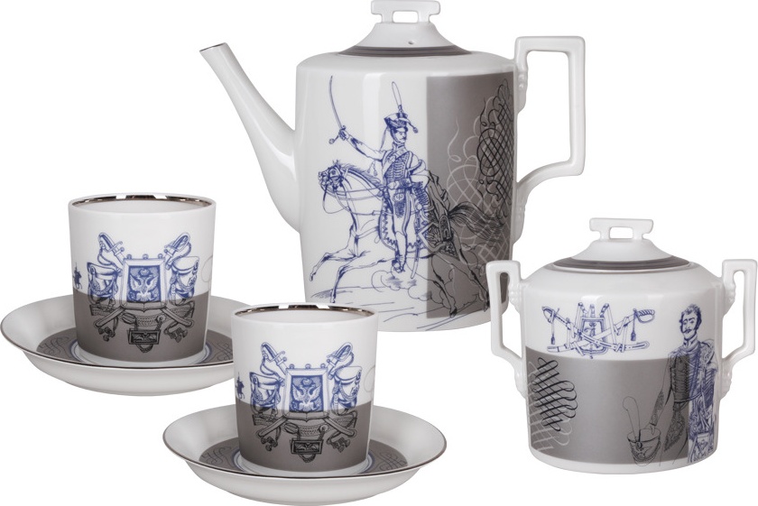 10605814 Императорский фарфоровый завод Сервиз чайный 6/14 "Гусарский" "Гербовая" Твёрдый фарфор 