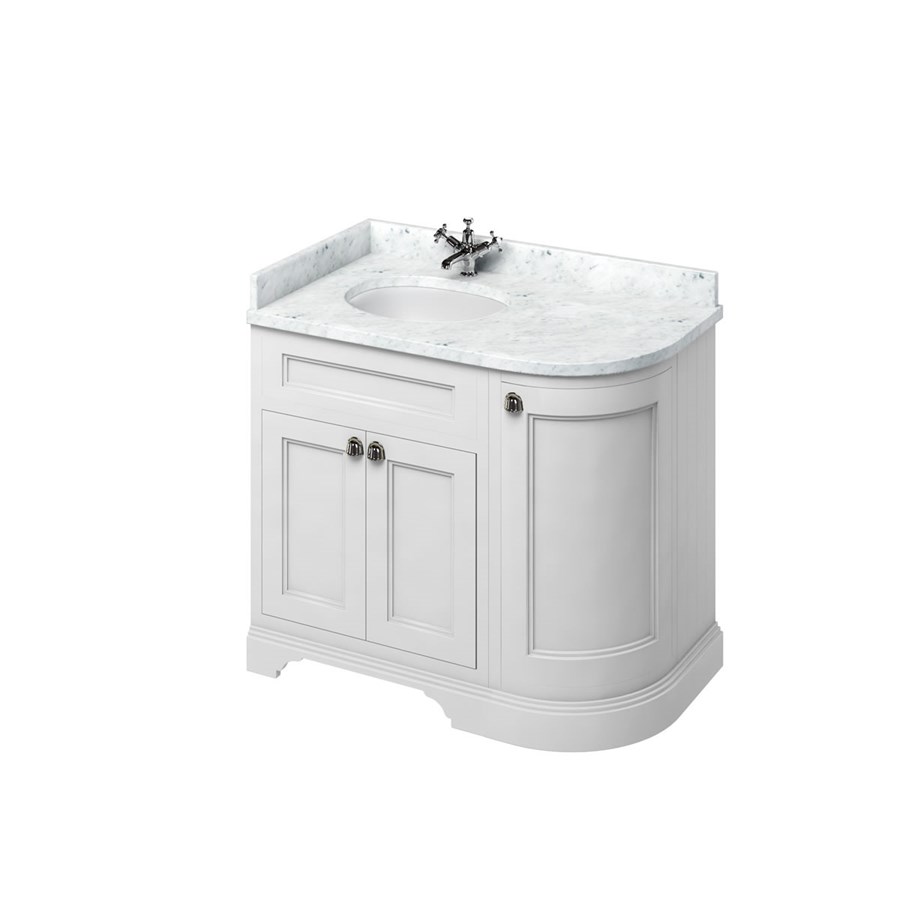 Burlington Отдельностоящий изогнутый угловой блок 100 л / с со столешницей Carrara White и встроенной белой раковиной Темно-оливковый FC2O_BC98L  - Вид №1