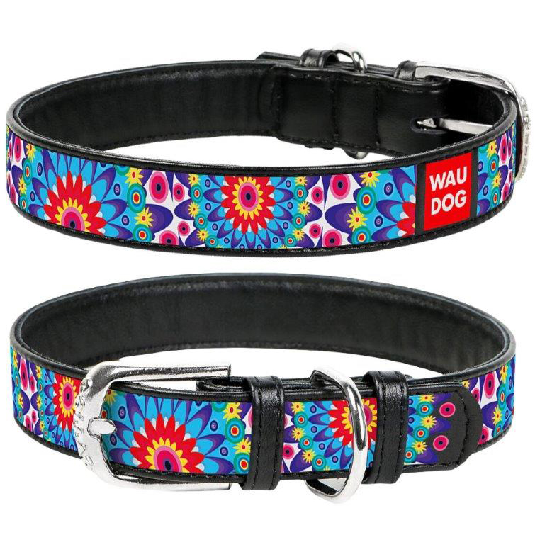 ПР0048407 Ошейник для собак Waudog с рисунком Цветы, ширина 12мм, длина 19-25см черный COLLAR 