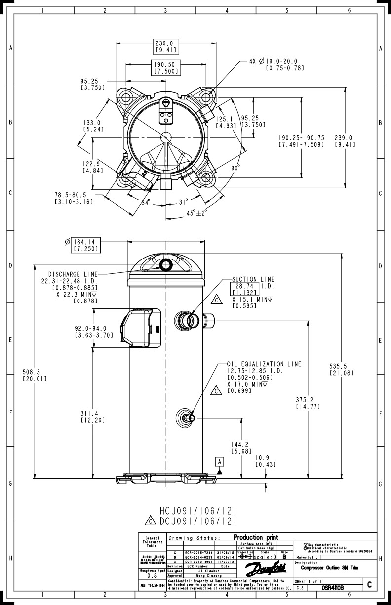 Danfoss DCJ — Герметичные спиральные компрессоры, R401A DCJ106T4LC8 Компрессор спиральный 121L5036  - Вид №11