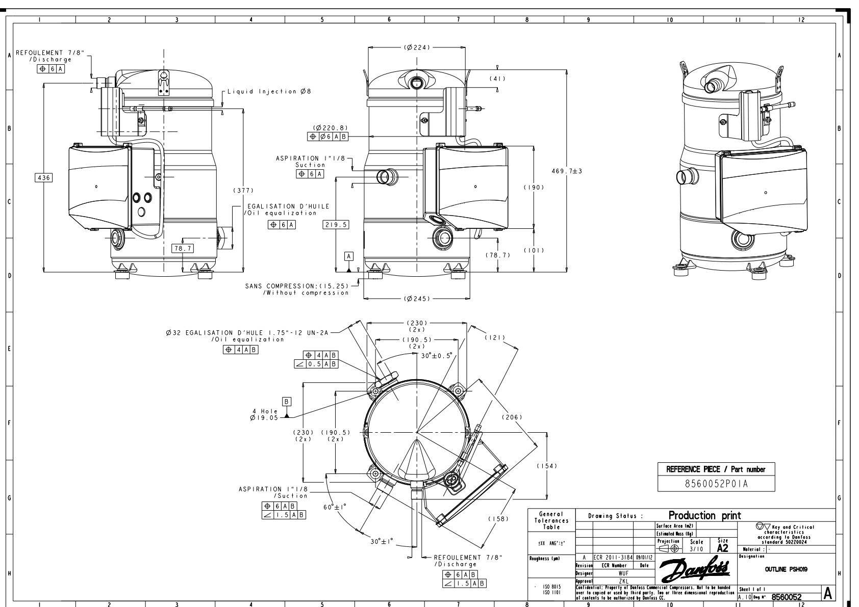 Danfoss PSH — Герметичные спиральные компрессоры, R410A PSH030A4CLD Компрессор спиральный 120H0937  - Вид №4
