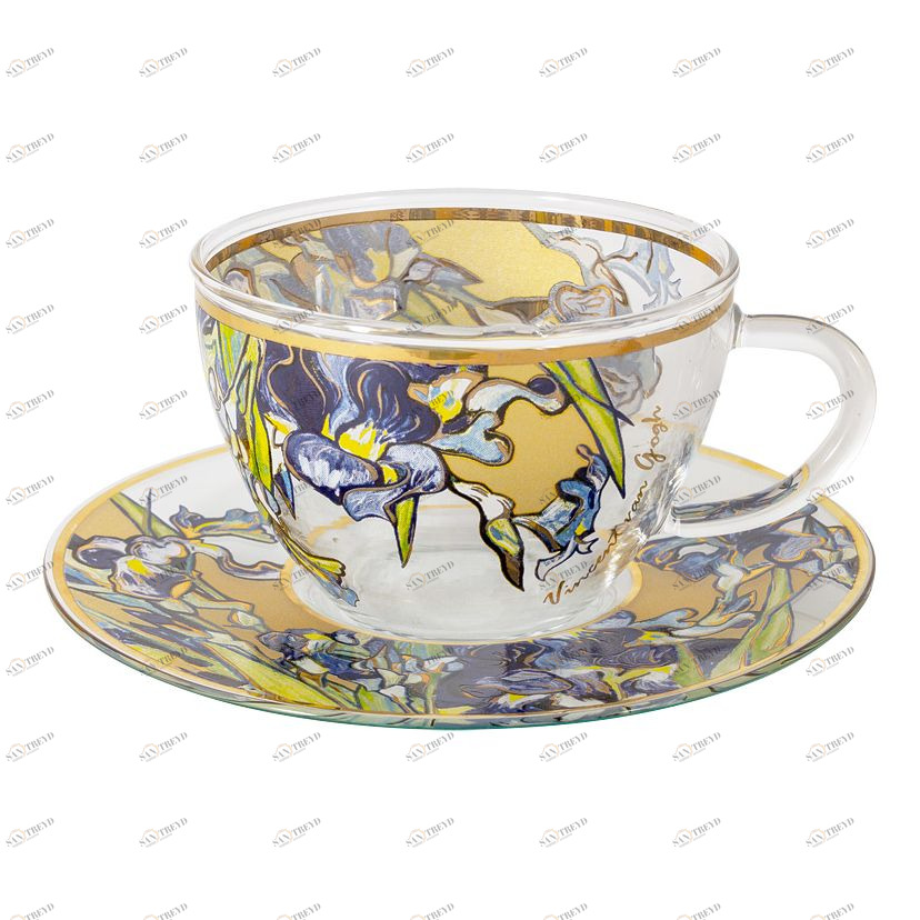 Чашка стеклянная с блюдцем голубая с желтым в подарочной упаковке "Ирисы" (В. Ван Гог) CARMANI В. ВАН ГОГ 00-3946866 Голубой;желтый 