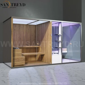 Effegibi BODYLOVE SH BL40230003 Фронтальная комбинированная баня: хаммам и сауна. Установка: в правый угол. Мощность: 15 кВт макс. Размеры: длина 393 см, ширина 176 см. Отделка: термообработанная древесина, гладкое стекло и зеркало.