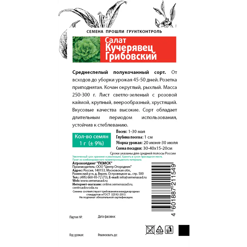 Семена Салат «Кучерявец Грибовский» 83147211 STLM-2084404 ПОИСК  - Вид №1
