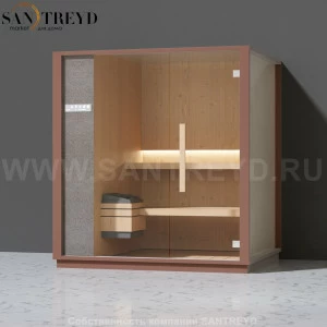 Effegibi ONE S LO50030002 Сауна. Установка: к стене. Левая дверь. Мощность: 6 кВт макс. Размеры: длина 214 см, ширина 171 см. Отделка: канадский хемлок, матовый лакированный серый аллюминий и бежевый ламинат из керамогранита.