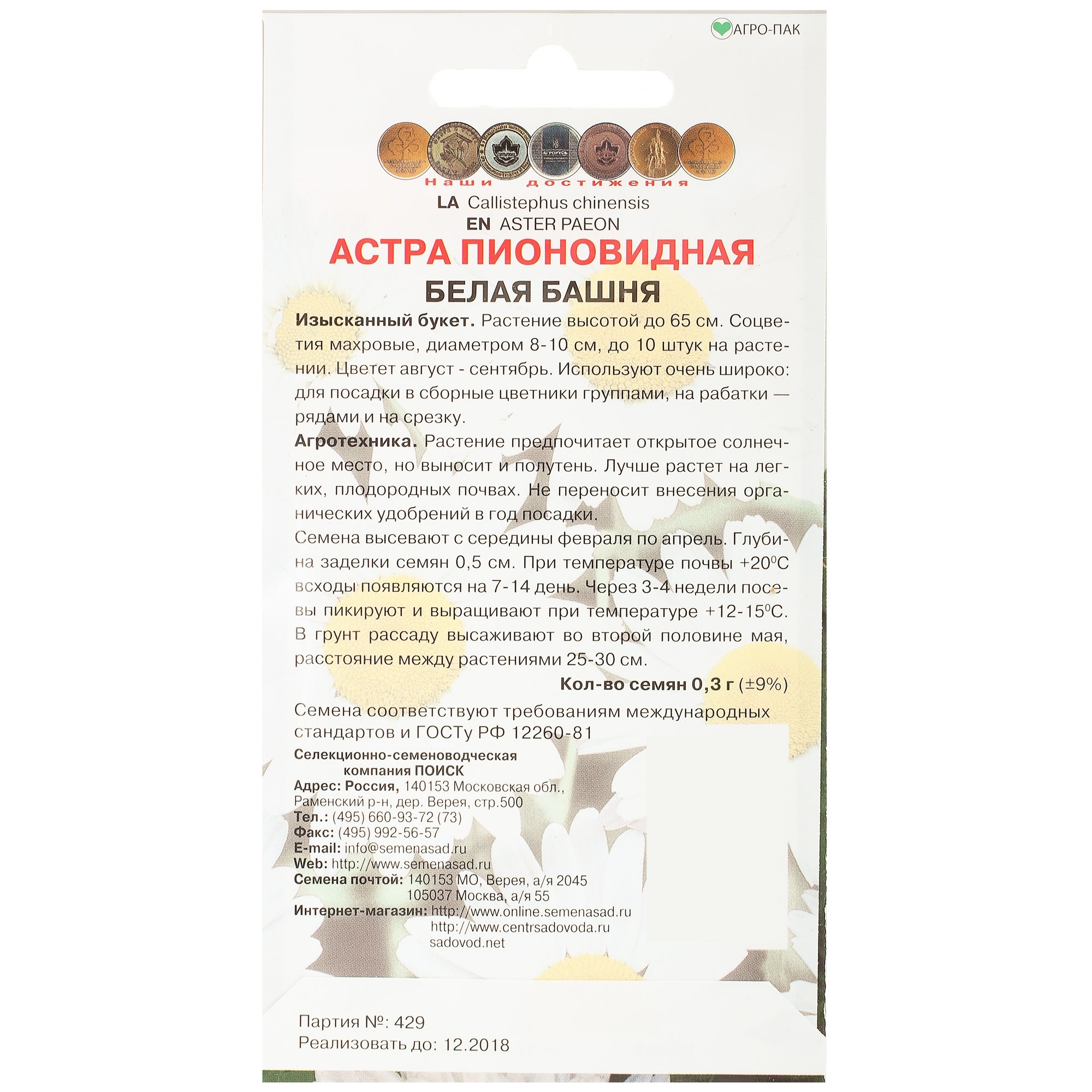 17229485 Астра пионовидная «Белая башня» Santreyd  - Вид №1