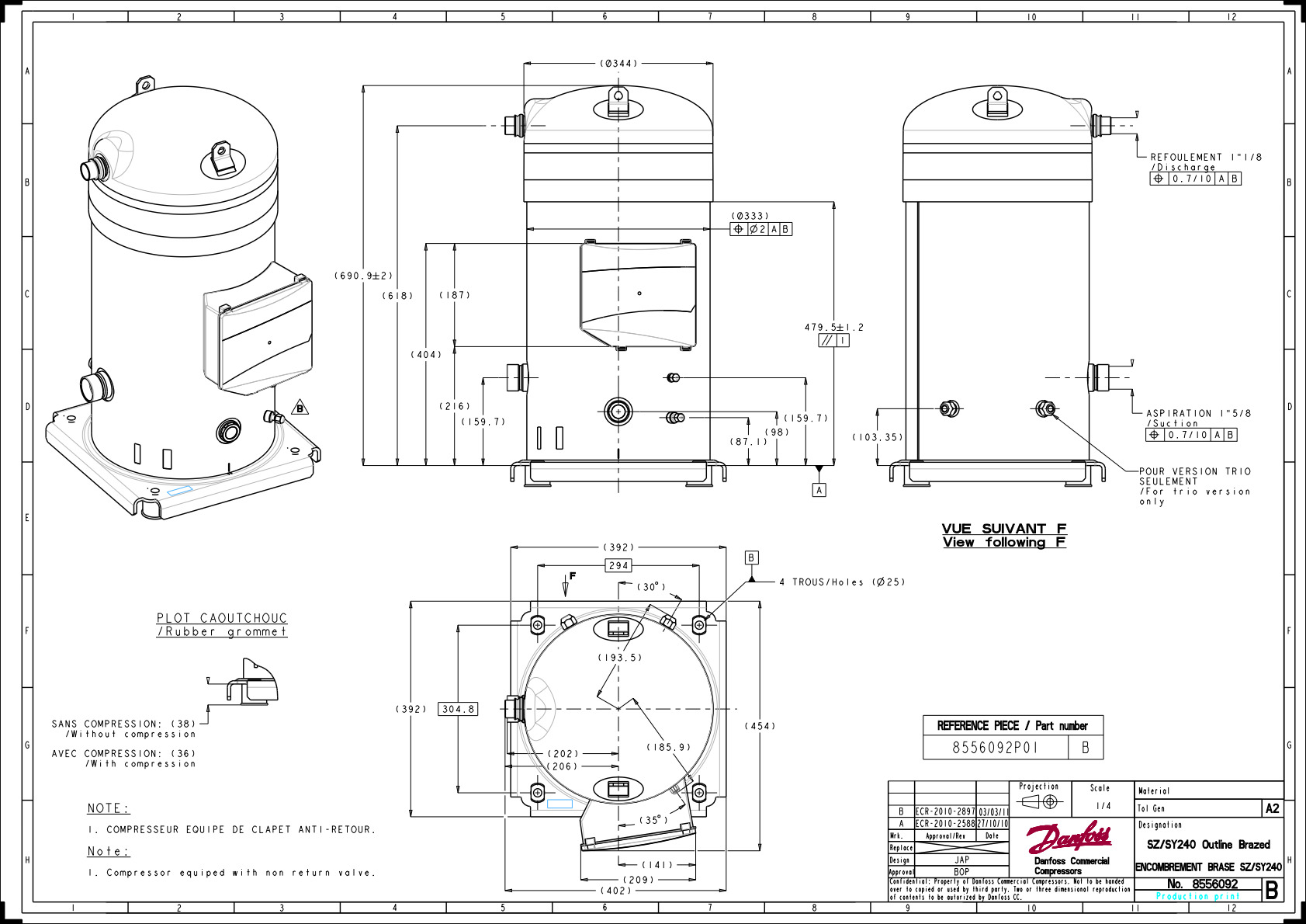 Danfoss SY — Герметичные спиральные компрессоры, R22, R134a, R407C SY240A4CBI Компрессор спиральный SY240A4CBI  - Вид №11