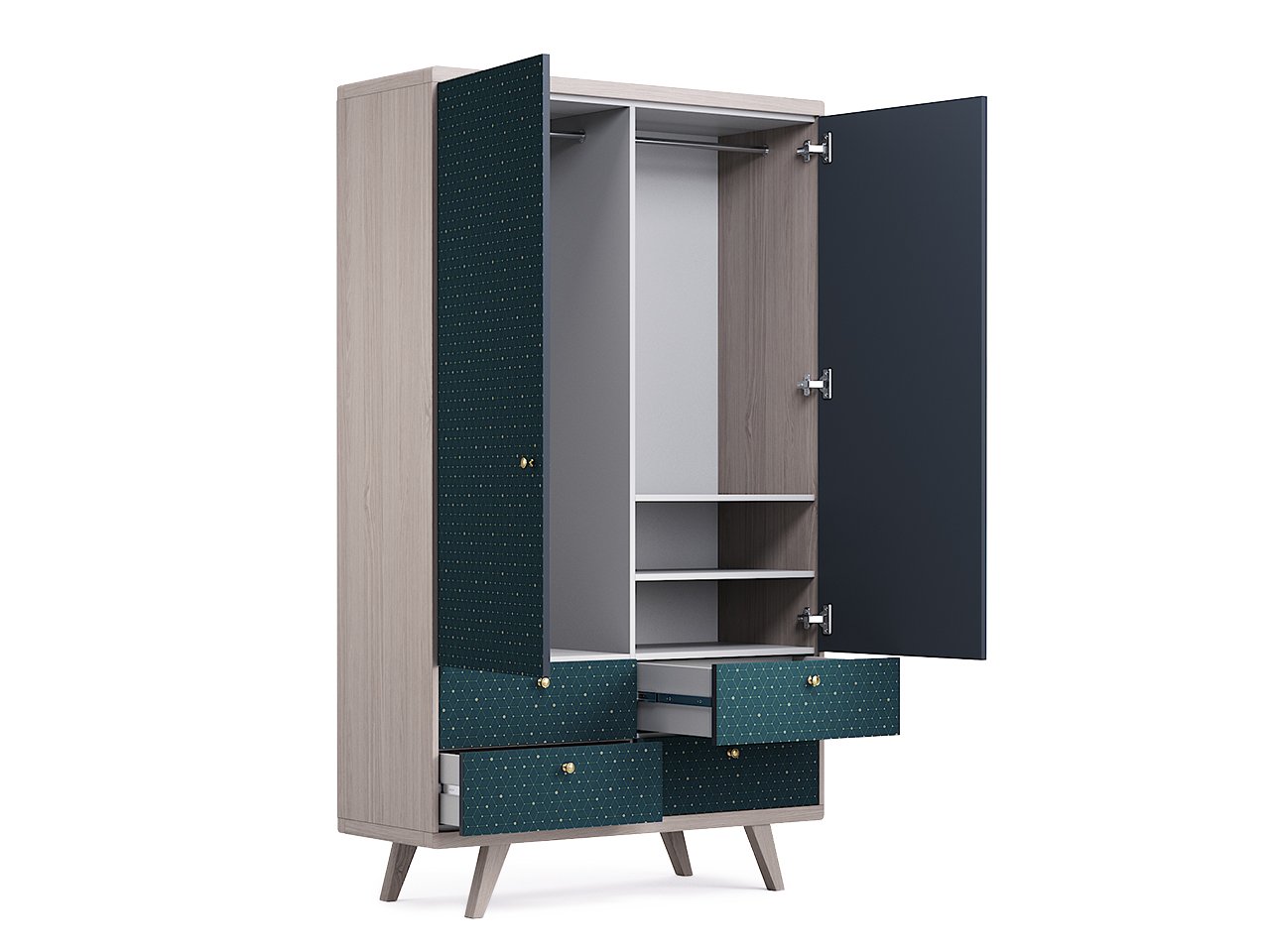 Шкаф распашной двухдверный с ящиками беленый дуб с принтом синий Thimon №2 THE IDEA  210439 Бежевый;синий  - Вид №2