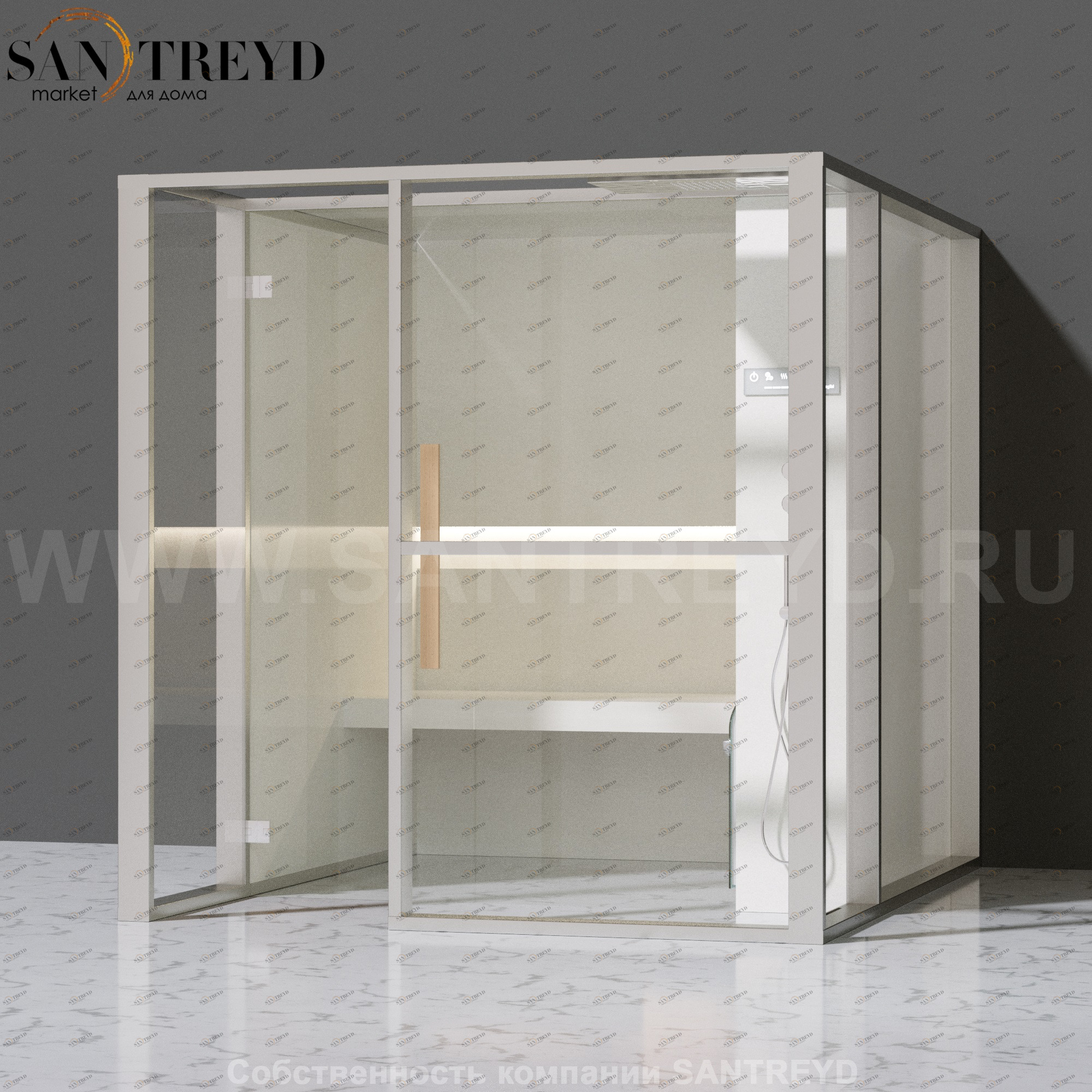 Effegibi LOGICAFILO H LO31020001 Хаммам. Установка: к стене. Правая дверь. Мощность: 4,5 кВт макс. Размеры: длина 214 см, ширина 250 см. Отделка: матовый лакированный белый аллюминий и серый ламинат из керамогранита.