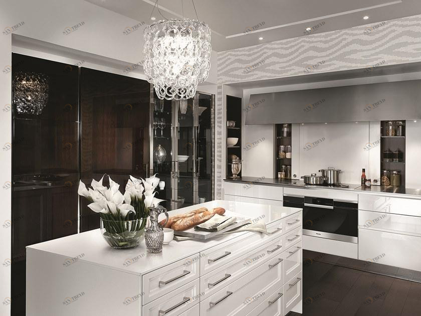 SieMatic Лакированная кухня с высокими шкафами из глянцевого эбенового дерева / стекла sun-id-1488849