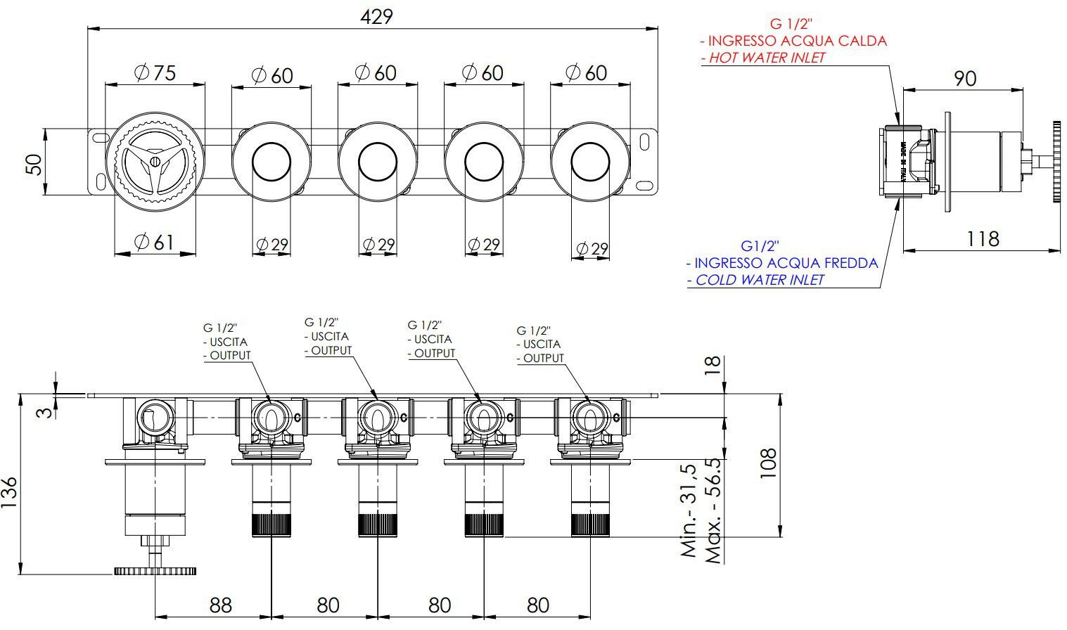 Однорычажный смеситель для душа с 5 отверстиями и переключателем Remer Rubinetterie Chrono ARCH-00090726 - Вид №2