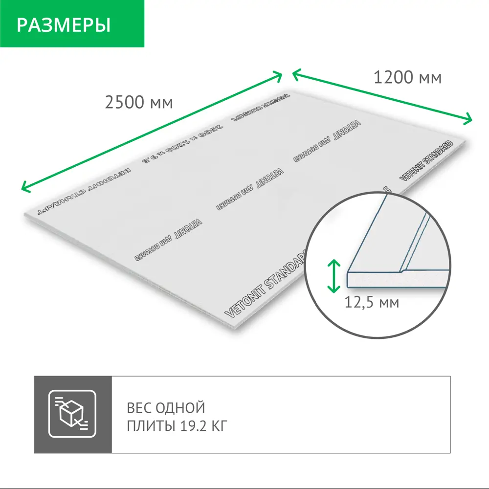Гипсокартон 12.5 мм Vetonit Стандарт 2500X1200 мм 3 м² STLM-2164080 - Вид №2