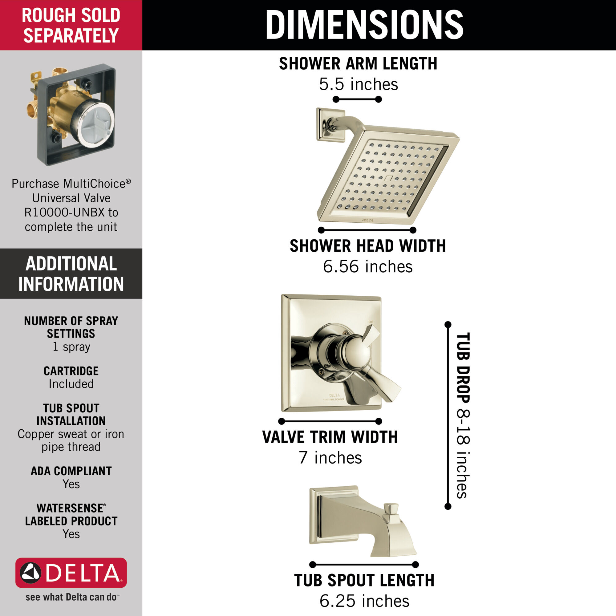 T17451-PN-WE Для ванны и душа Monitor® 17 Series Delta Faucet Dryden Полированный никель  - Вид №1