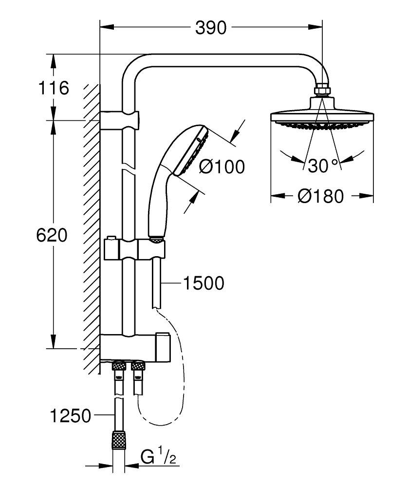 Душевая система Vitalio Start System 180 Flex с термостатом для ванны (NSB0158) Grohe - Вид №1