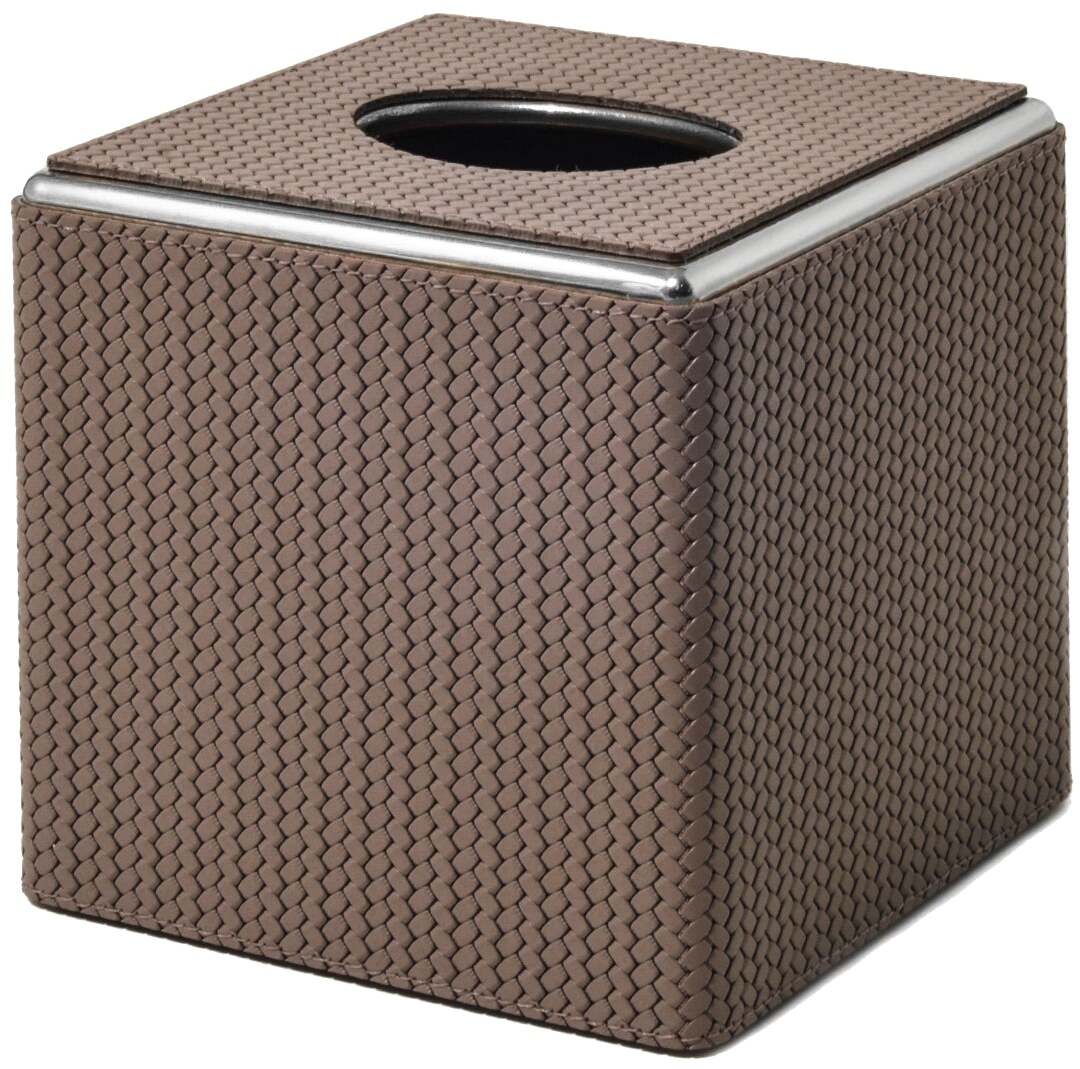 Квадратная коробка для салфеток - 14X14XH13,5 см / металлическая отделка_хром / плетеная кожа_верблюжья
