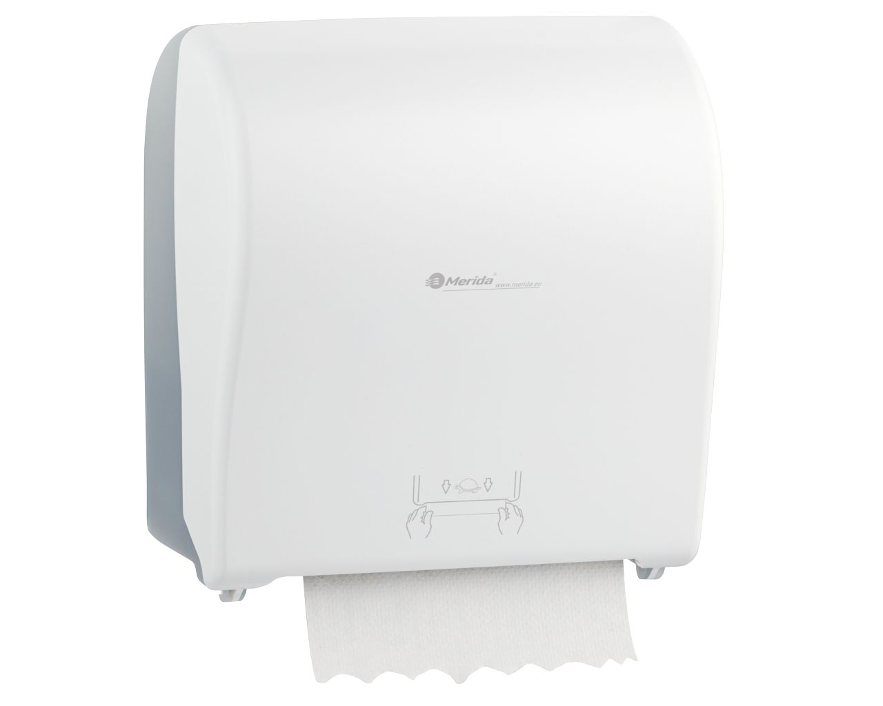 CJB302 Механический диспенсер для бумажных полотенец в рулонах SOLID CUT AUTOMATIC MAXI, АБС-пластик, полностью белая передняя часть - матовая, прозрачная светлая задняя часть - матовая Merida  - Вид №4