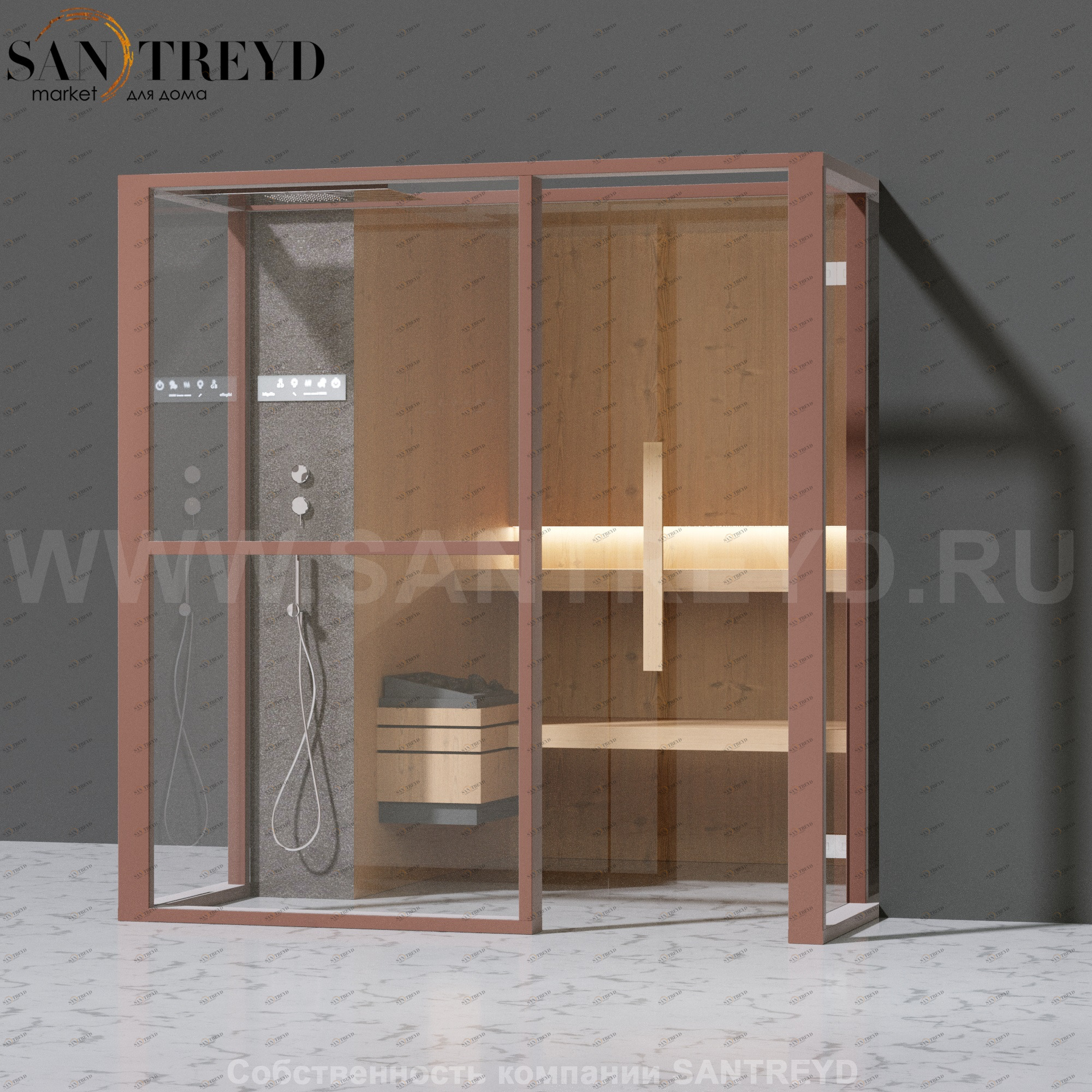 Effegibi LOGICAFILO S LO21030016 Сауна. Установка: в правый  полуугол. Левая дверь. Мощность: 6 кВт макс. Размеры: длина 214 см, ширина 250 см. Отделка: канадский хемлок, матовый лакированный коричневый аллюминий и темный ламинат из керамогранита.