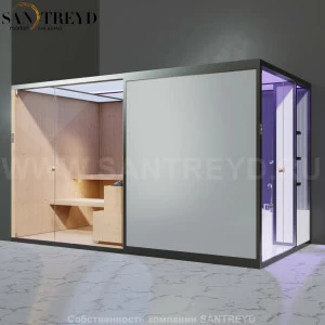 Effegibi BODYLOVE SH BL45140005 Боковая комбинированная баня: хаммам и сауна. Установка: в левый угол. Мощность: 15 кВт макс. Размеры: длина 393 см, ширина 176 см. Отделка: канадский хемлок, трубчатое стекло и гладкое стекло.