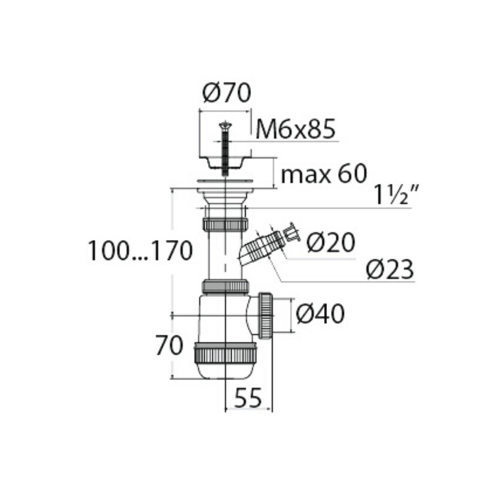 Сифон "МИНИ Элит" (30980674)  с нерж.чаш. д.70мм и отводом длястир.машины (1 1/2"-д.40) 30980674 Santreyd  - Вид №1