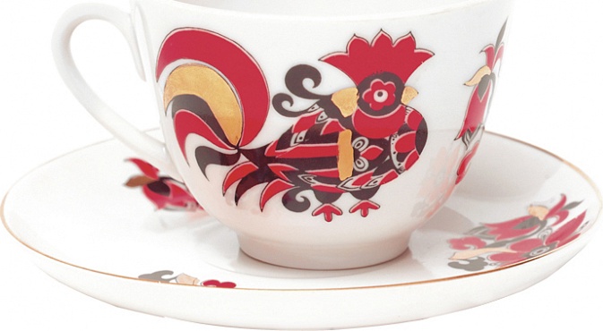 84826 Императорский фарфоровый завод Чашка чайная с блюдцем "Красные петушки" "Весенняя" Фарфор твердый 