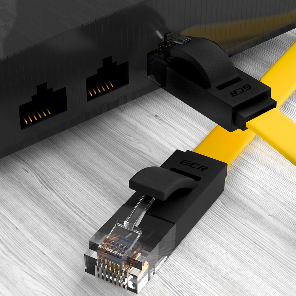 GCR-52096 Gcr патч-корд prof плоский прямой 5.0m, utp медь кат.6, желтый+черный, 30 awg, ethernet high speed 10 гбит/с, rj45, t568b, Greenconnect Santreyd  - Вид №1