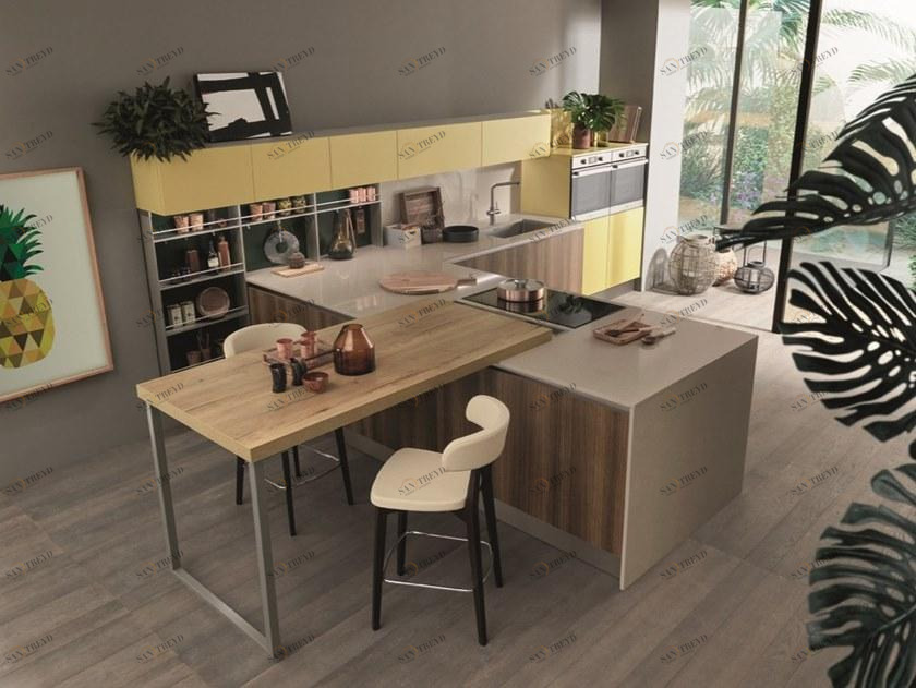 Febal Casa Линейная лакированная кухня с полуостровом sun-id-1405669