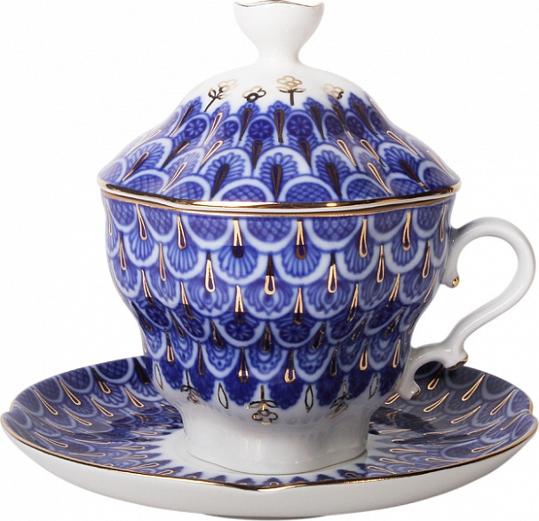 87660 Императорский фарфоровый завод Чашка чайная с блюдцем и крышкой "Чешуйка" "Подарочная 2" Фарфор твердый 