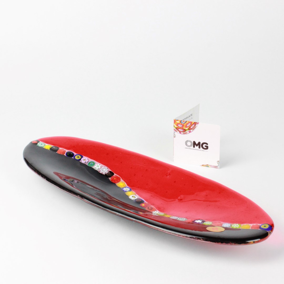 1621 ORIGINALMURANOGLASS Овальное блюдце Миллефиори - чёрно-красное - муранское стекло 28 см  - Вид №1