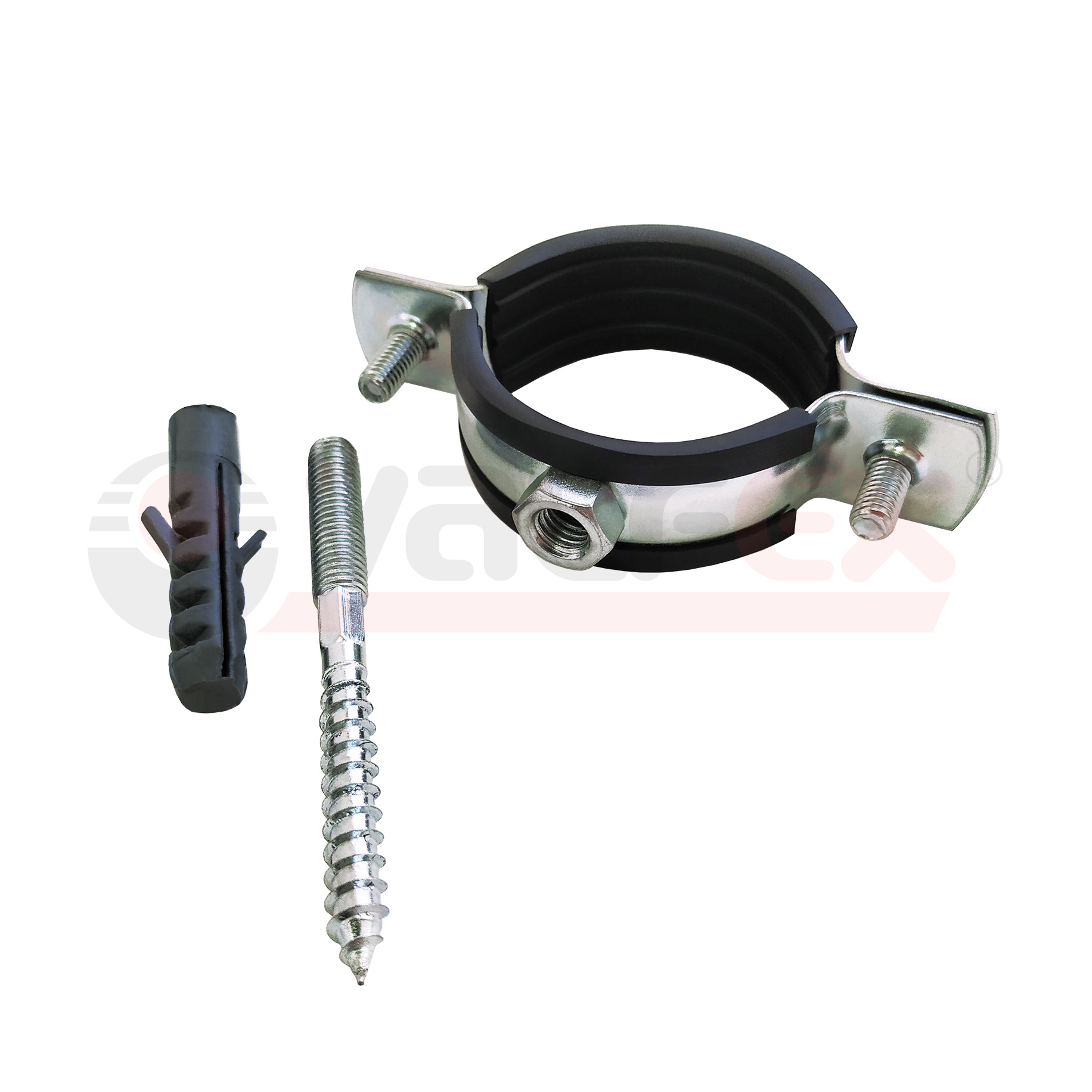 45WR-75-M Valfex Хомут оцинкованный с резиновым уплотнением (в комплекте шпилька М8*80 и дюбель) Россия 