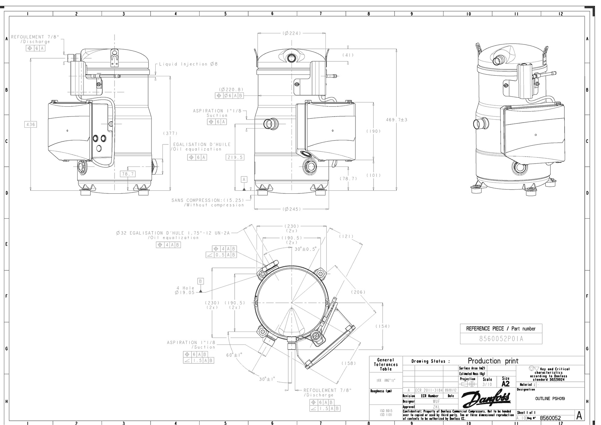 Danfoss PSH — Герметичные спиральные компрессоры, R410A PSH030A4CLD Компрессор спиральный 120H0937  - Вид №6