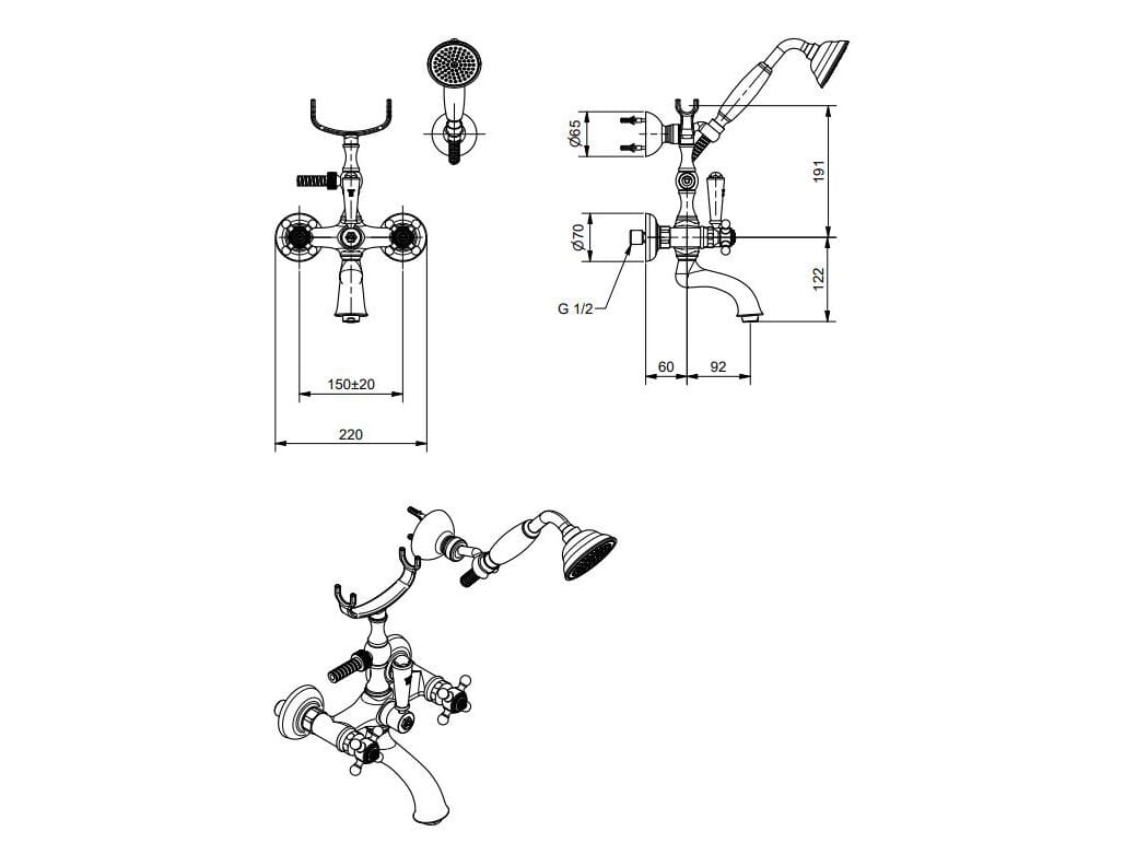 Хромированный латунный настенный смеситель для ванны Bugnatese ARCADIA ARCH-00008289 - Вид №1