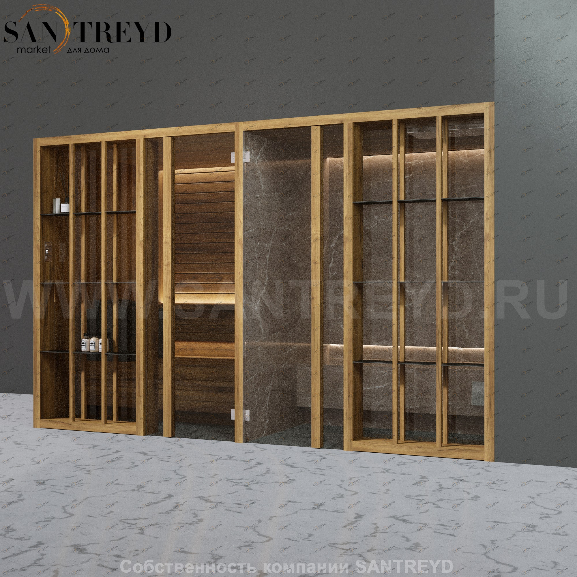 Effegibi YOKU.S SH YO.10220002 Комбинированная баня: хаммам и сауна. Установка: в правый угол. Мощность: 10,5 кВт макс. Размеры: длина 342 см, ширина 170 см. Отделка: термообработанное дерево и темный керамогранит YO10220002