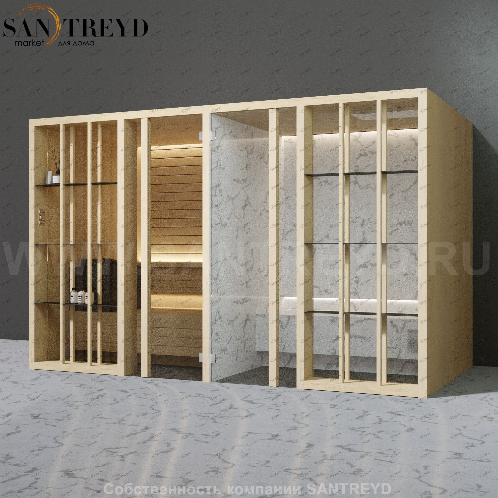 Effegibi YOKU.S SH YO.10110004 Комбинированная баня: хаммам и сауна. Установка: к стене Мощность: 10,5 кВт макс. Размеры: длина 342 см, ширина 170 см. Отделка: осина термообработанная и светлый керамогранит YO10110004