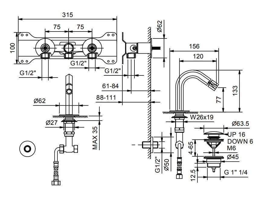 Смеситель для биде с 3 отверстиями Fantini Rubinetti Венеция ARCH-00105497 - Вид №2