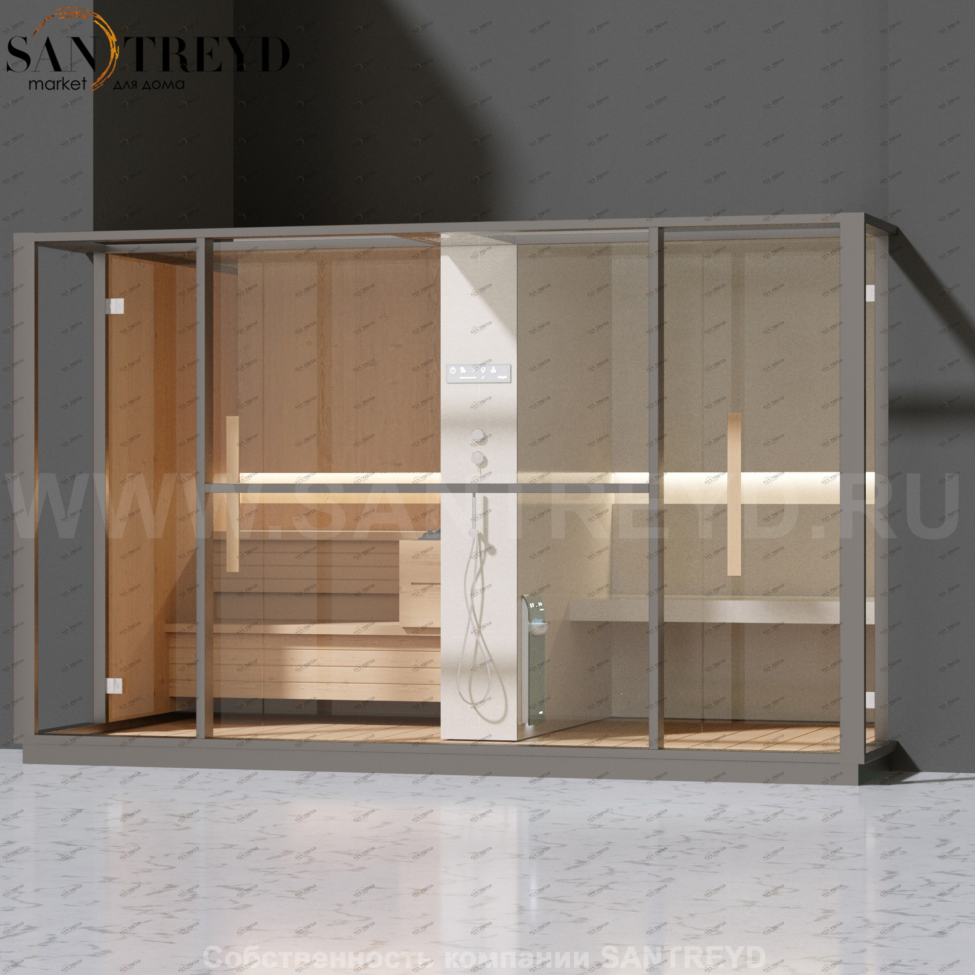 Effegibi LOGICA LO10010009 Комбинированная баня: хаммам и сауна. Установка: в полунишу. Мощность: 10,5 кВт макс. Размеры: длина 373 см, ширина 250 см. Отделка: канадский хемлок, матовый лакированный серый аллюминий и бежевый ламинат из керамогранита.