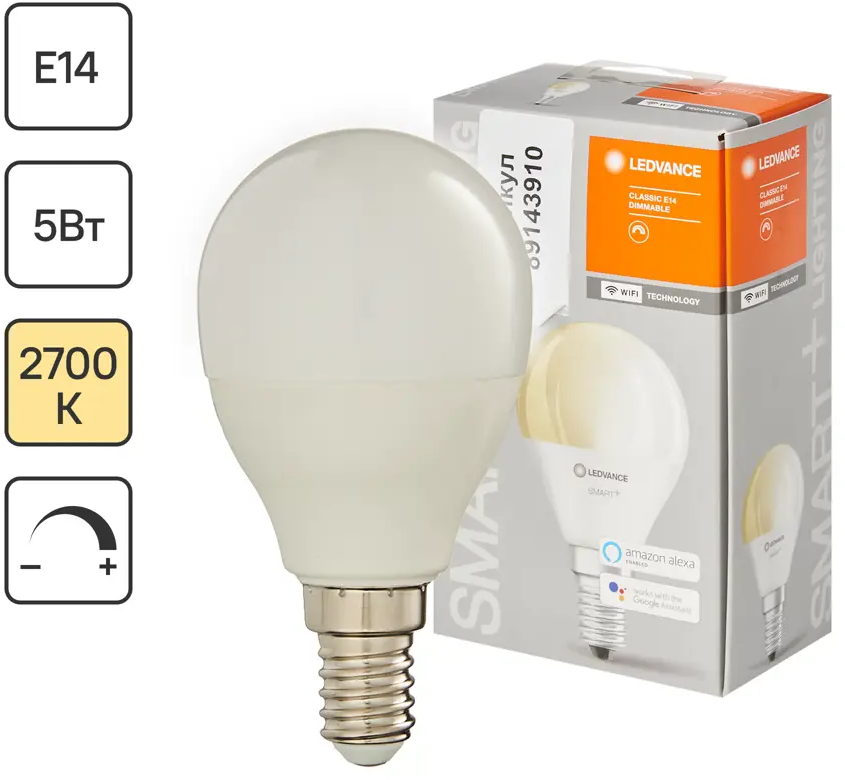 89143910 Лампа умная светодиодная Wi-Fi Osram Smart Plus E14 220-240 В 5 Вт шар малый матовая 470 лм теплый белый свет STLM-0079048