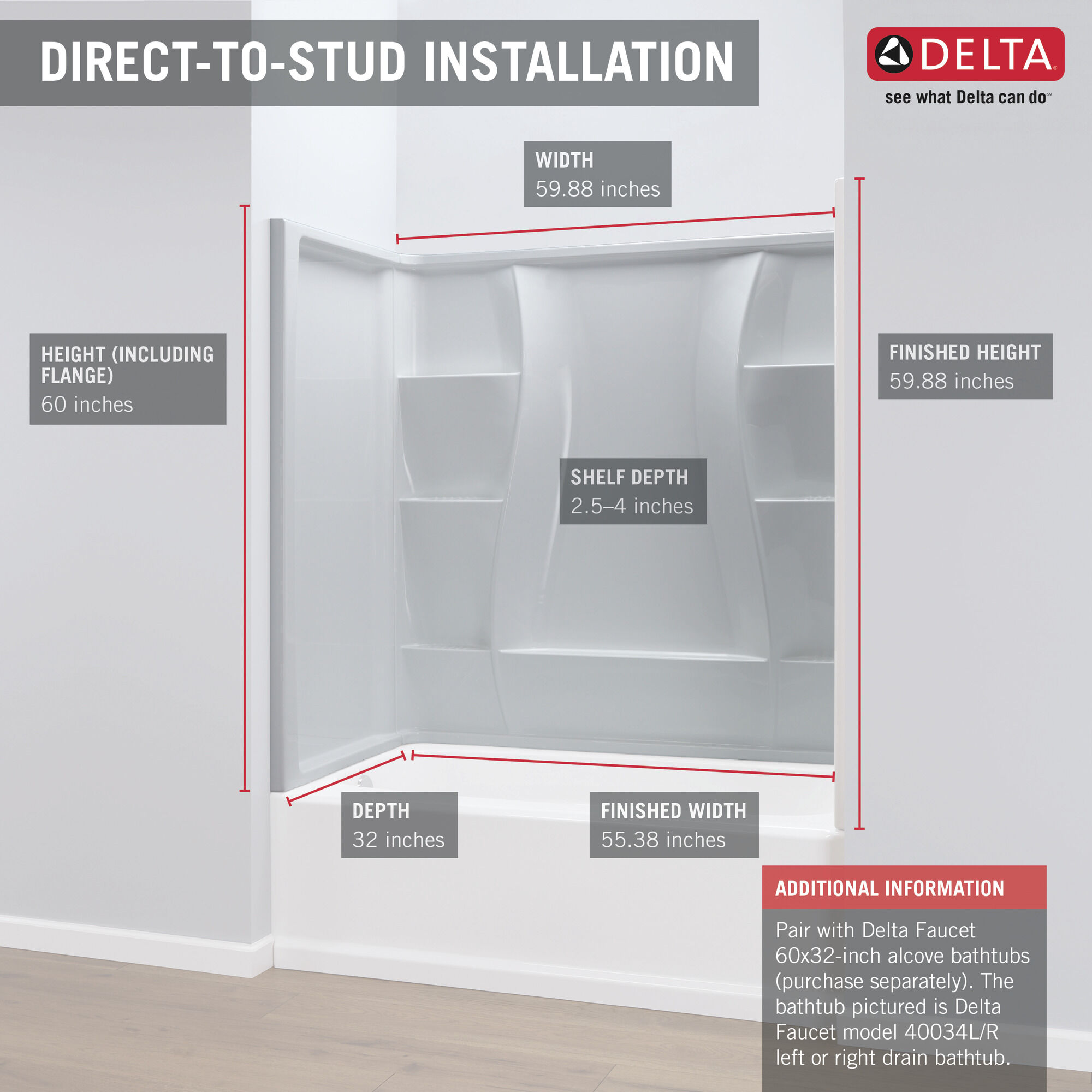 Настенный комплект для ванны 60 "x 32" Delta Faucet 40044 - Вид №6