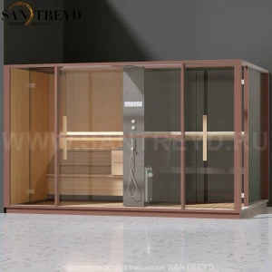 Effegibi LOGICA LO10030002 Комбинированная баня: хаммам и сауна. Установка: в левый угол. Мощность: 10,5 кВт макс. Размеры: длина 373 см, ширина 250 см. Отделка: канадский хемлок, матовый лакированный коричневый аллюминий и темный ламинат из керамогранита