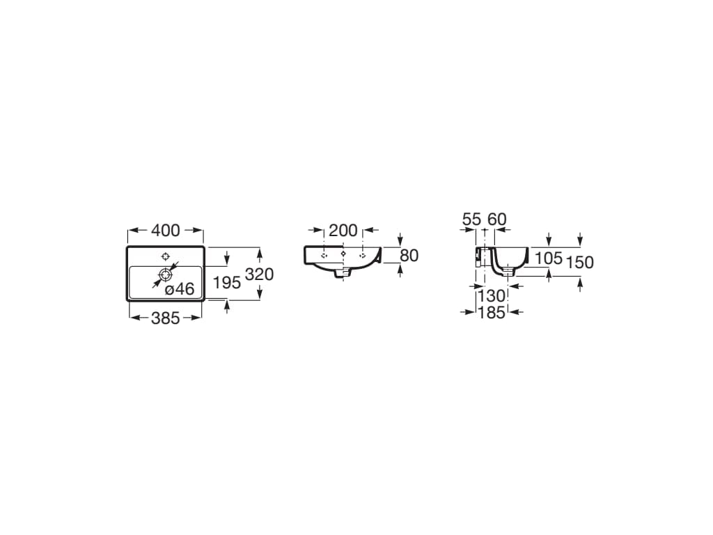 Керамическая подвесная прямоугольная ручная мойка Roca Ona ARCH-00029314 - Вид №15