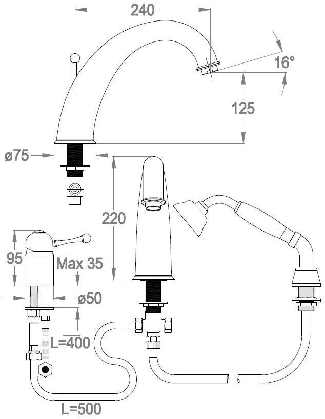 Fir Italia Комплект для ванны на 3 отверстия с ручным душем Melrose 70 sun-id-1389827 - Вид №1