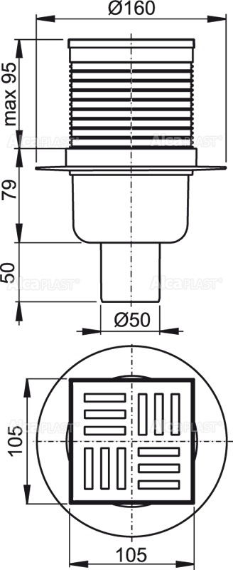 Сливной трап 105×105/50 мм прямой сток, решетка серая, гидрозатвор мокрый ALCAPLAST APV6111 - Вид №1