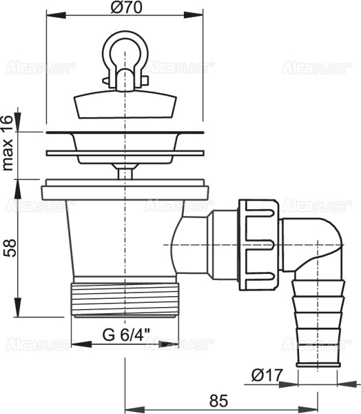 Донный клапан сифона для мойки 6/4" с нержавеющей peшeткой DN70 и штуцером ALCAPLAST A33P - Вид №1