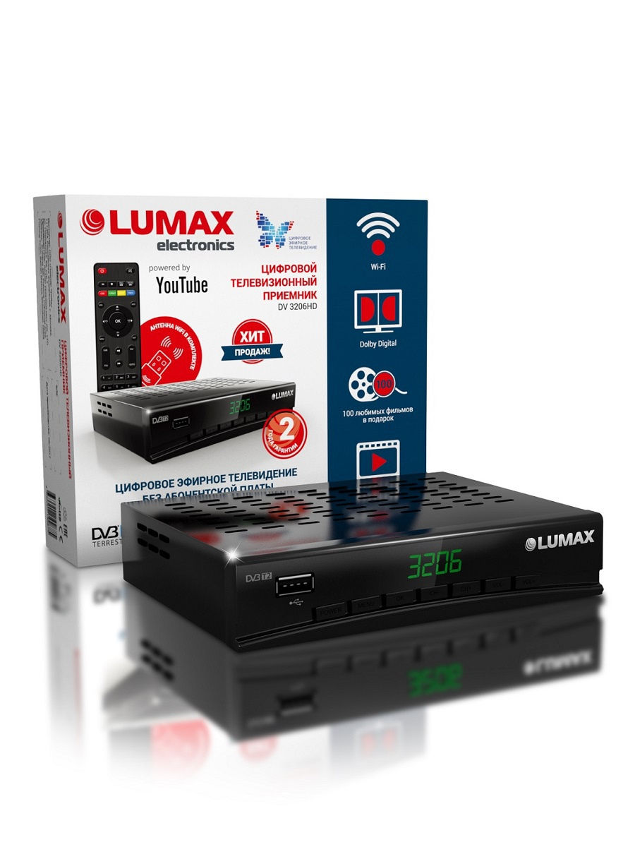 DV3206HD Приставка dvb-t2 / gx3235s, металл stealth, дисплей, 7 кнопок на панели, dolby digital, wi-fi, ip-плейлисты m3u, youtube, кинозал (более 500 фильмов), megogo, meecast, 3 rca, hdmi, usb, встроенный блок питания, usb wi-fi-адаптер dv0002hd в компле Santreyd  - Вид №6