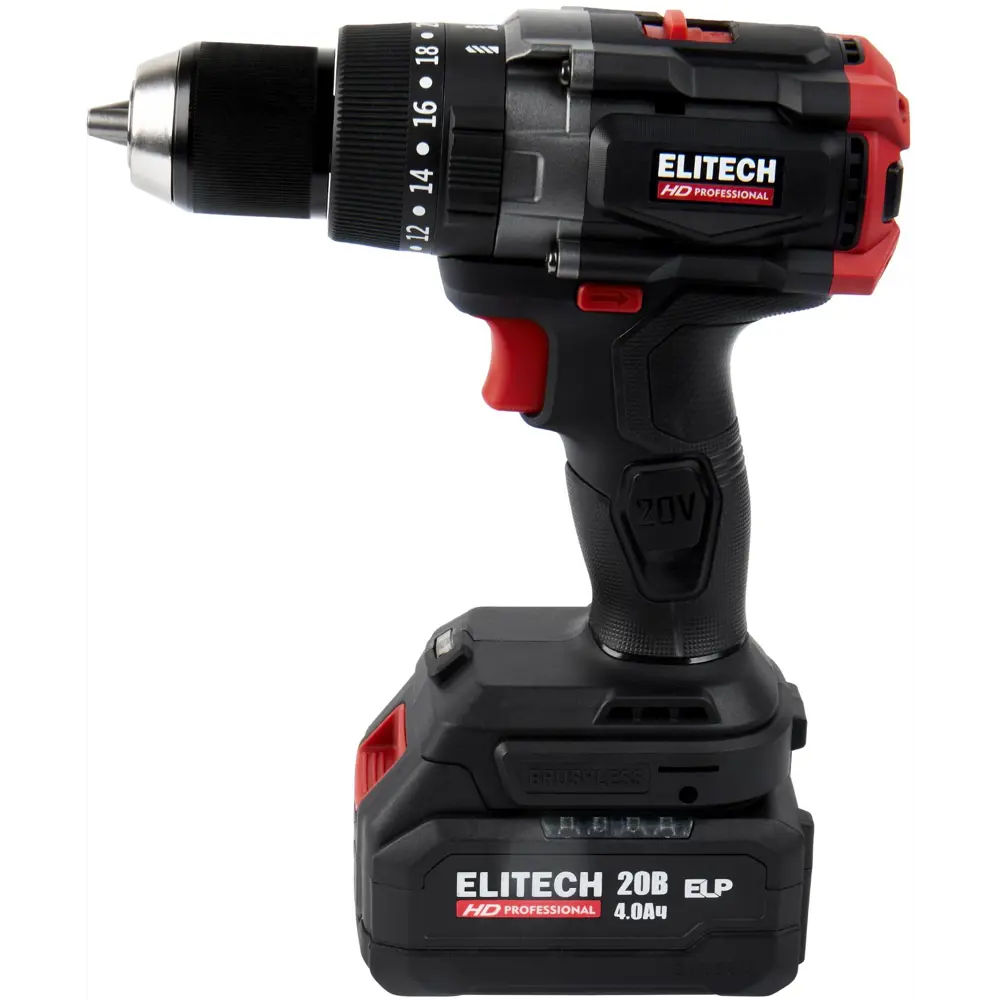 89399011 Дрель-шуруповерт аккумуляторная бесщеточная Elitech HD CD 20BL2 20 В Li-ion 2x4 Ач STLM-1422223  - Вид №4
