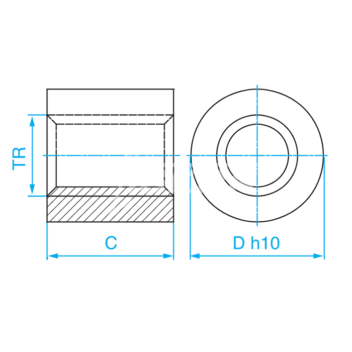 IS454 Гайка трапецеидальная (сталь) d=10 мм, шаг резьбы 2 мм (прав. резьба), KSM 10-2-D ISKRA  - Вид №1