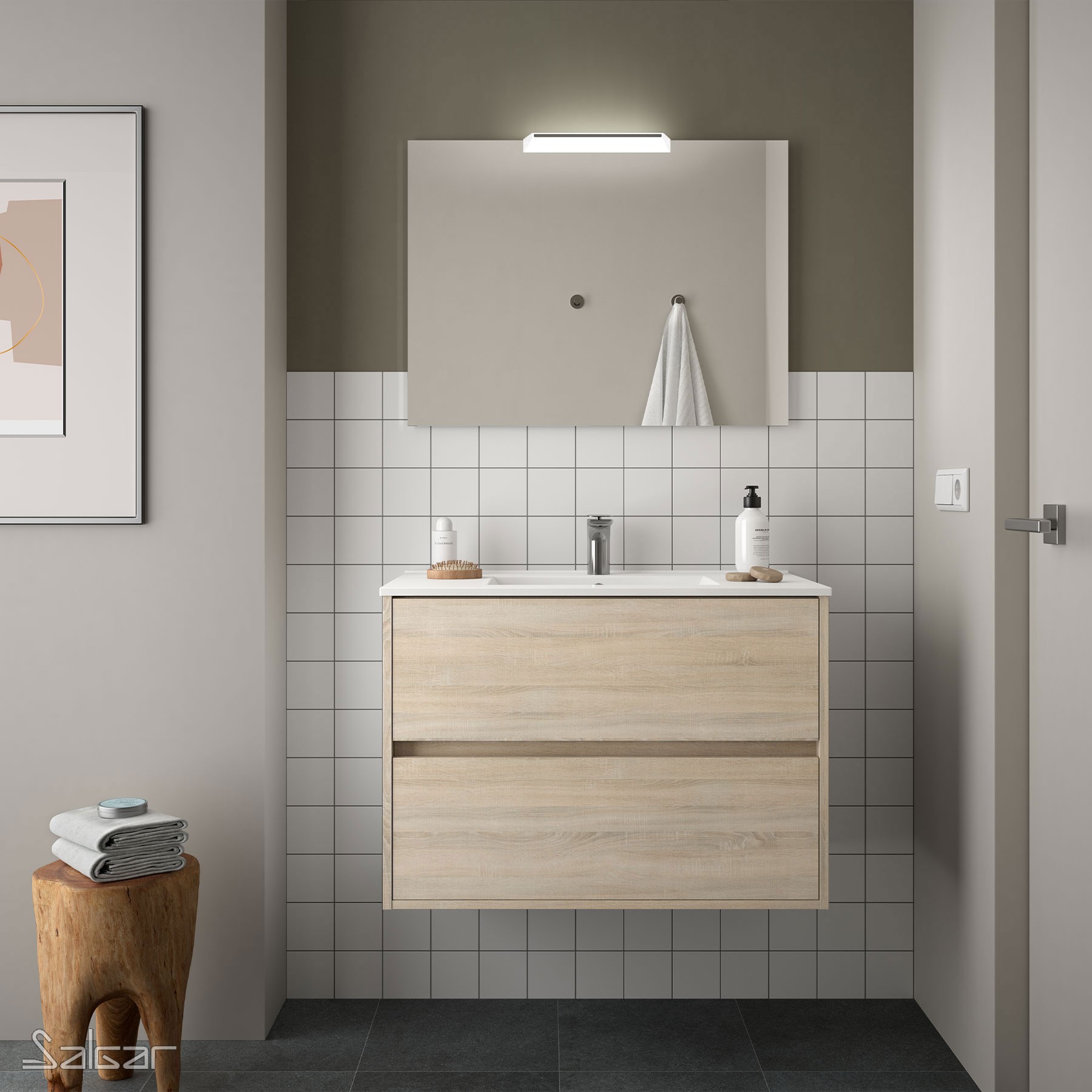 85072 SALGAR Комплект мебели для ванной NOJA 900 OAK CALEDONIA + Раковина + Зеркало + Свет Дуб Каледония