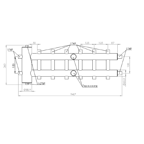 Купить Распределительный коллектор с гидрострелкой 60 кВт, 7 контуров Прокситерм GSK257 - Вид №8