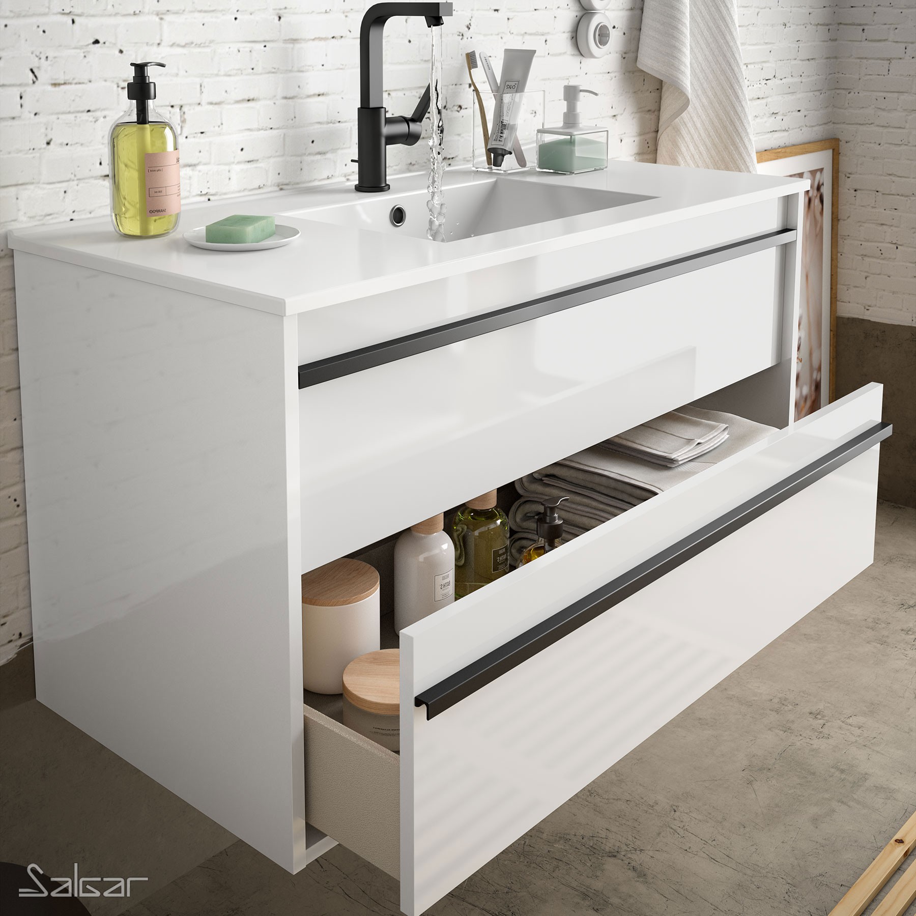 84936 SALGAR Комплект мебели для ванной ATTILA 600 WHITE GLOSS LACQUERED + Раковина + Зеркало + Свет Глянцевый белый - Вид №1