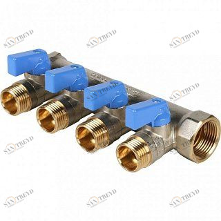 Коллектор с шаровыми кранами 3/4" STOUT 4 выхода 1/2", синие ручки SMB6201341204