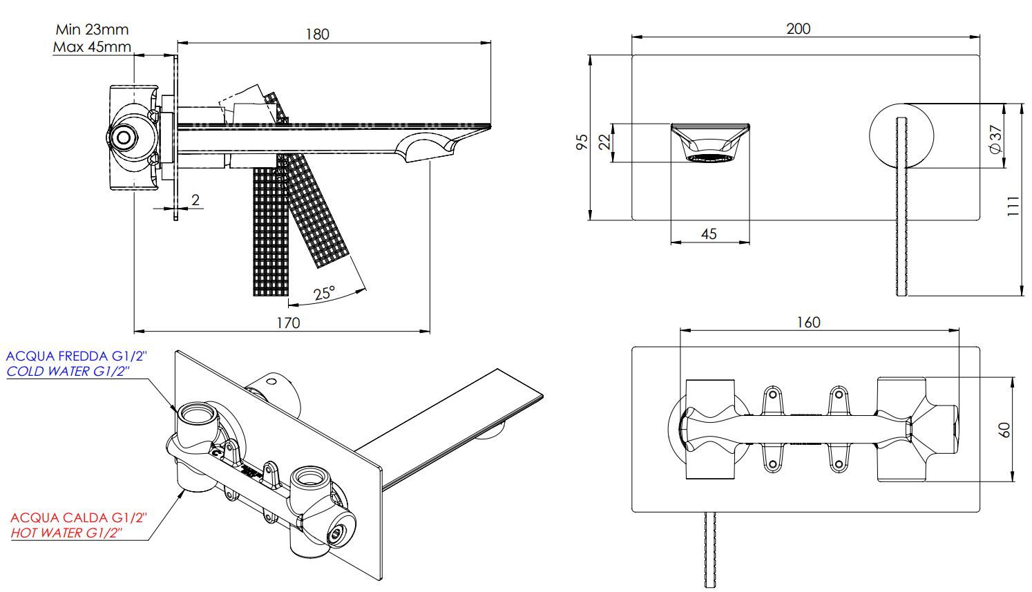 Однорычажный настенный смеситель для раковины Daniel Rubinetterie Club ARCH-00042793